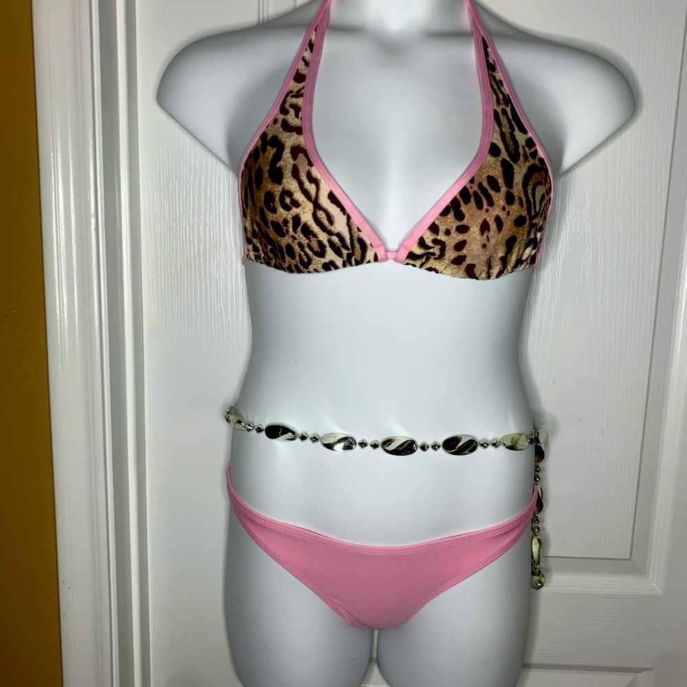 Bikini Bathing Suit Leopard & Pink -New- Size Small Petite